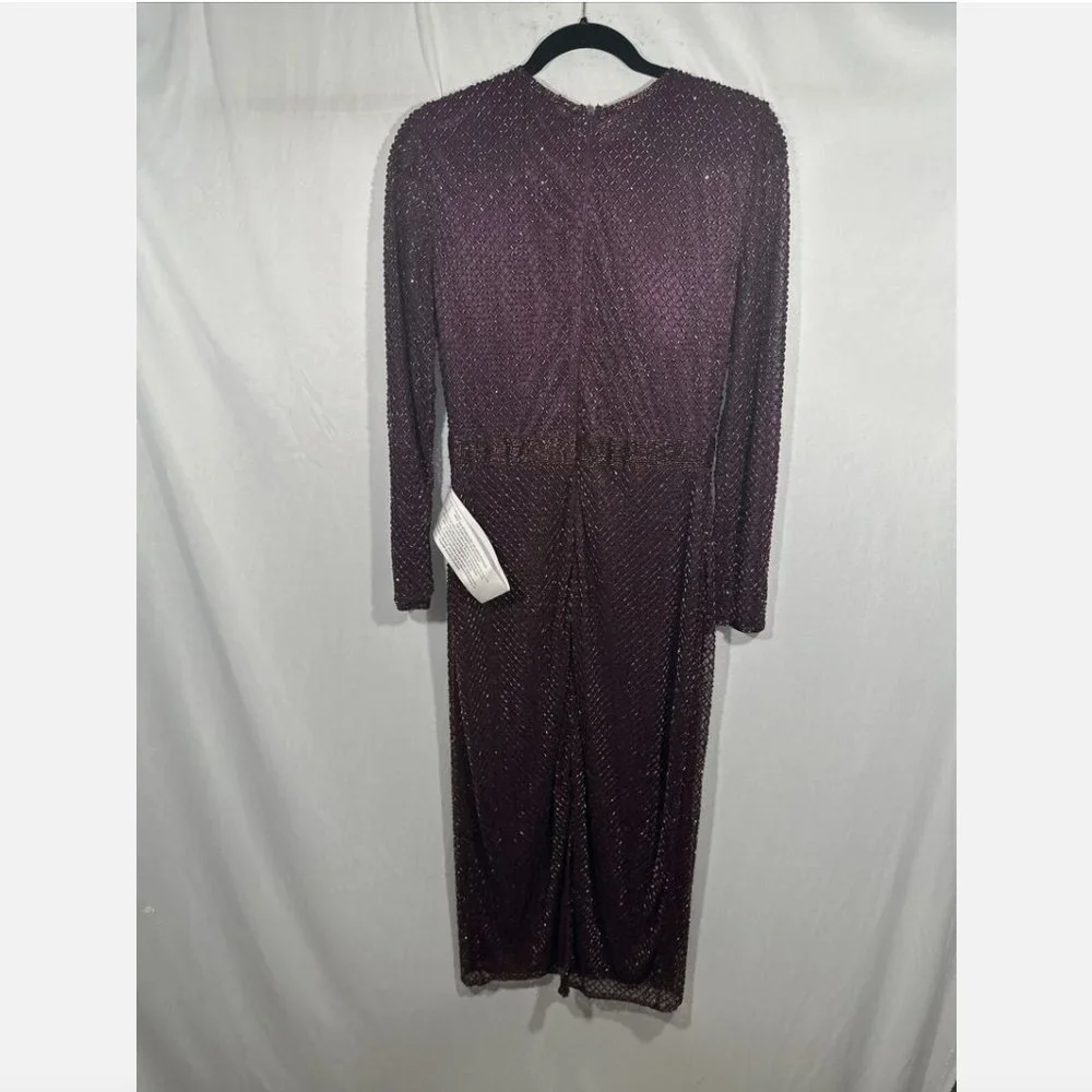 NEW $398 Mac Duggal [ 10‎ ] Bugle Beaded Long Sleeve Midi Dress Abergine #Q487 - Picture 11 of 15